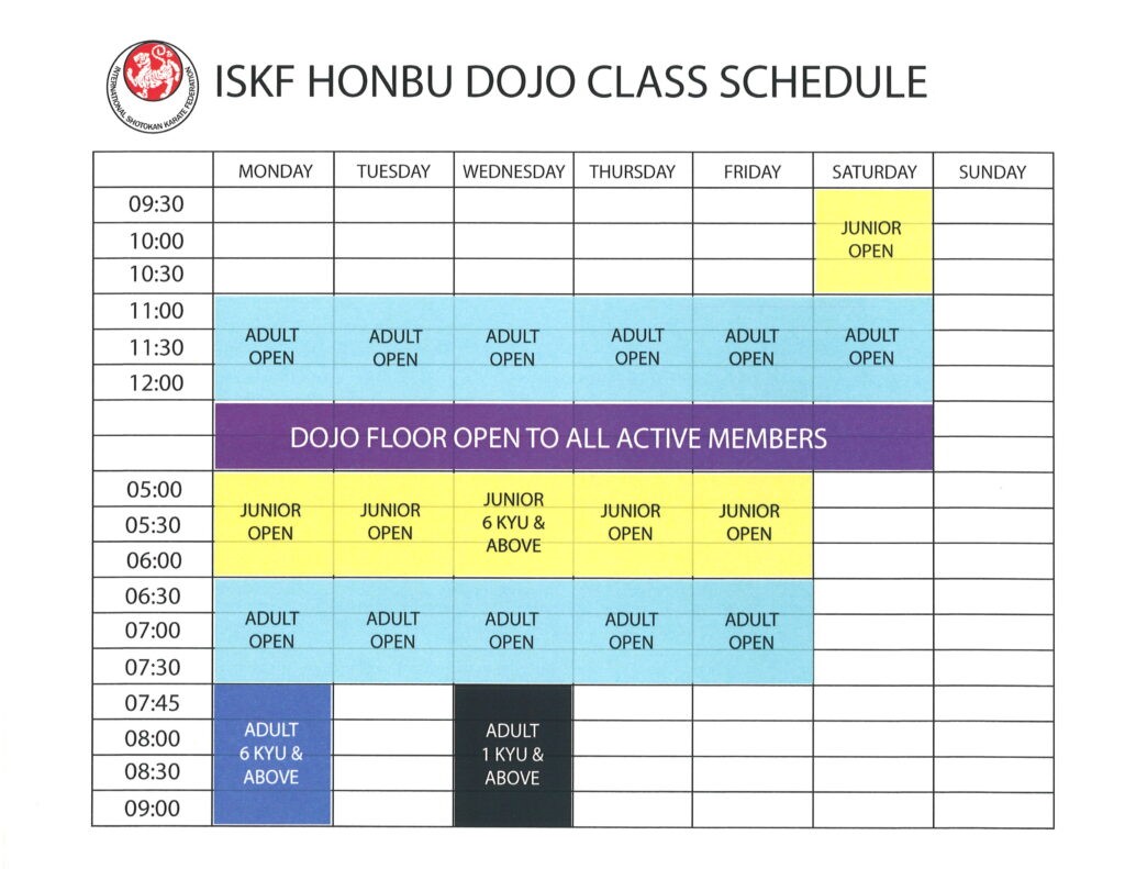 ISKF Honbu dojo class schedule